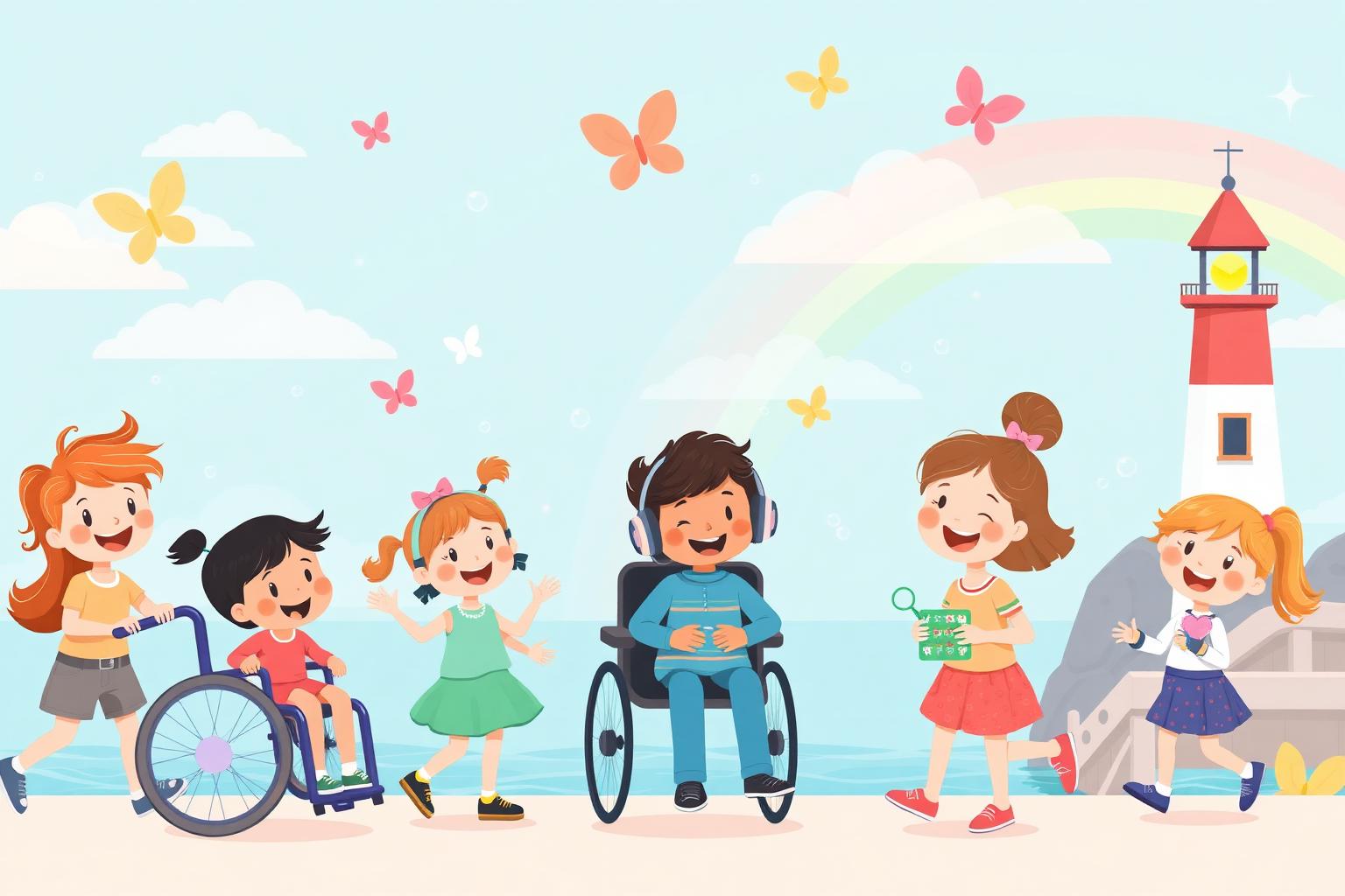 Diverse children of all abilities smiling and playing together by a friendly lighthouse